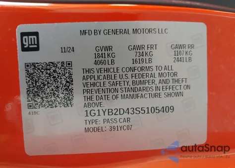 2025 Chevrolet Corvette Stingray Rwd 2Lt z USA, uszkodzony, nr VIN 1G1YB2D43S5105409